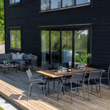 Jídelní stůl Chan – černá ocel / akácie (vzhled teak) – 200 cm + křeslo Santorini (stohovatelné) – černá alu / černá textilie_6