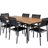 Jídelní stůl Chan – černá ocel / akácie (vzhled teak) – 200 cm + křeslo Santorini (stohovatelné) – černá alu / černá textilie_6