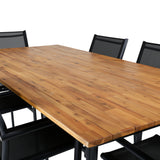 Jídelní stůl Chan – černá ocel / akácie (vzhled teak) – 200 cm + křeslo Santorini (stohovatelné) – černá alu / černá textilie_6