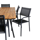 Jídelní stůl Chan – černá ocel / akácie (vzhled teak) – 200 cm + křeslo Santorini (stohovatelné) – černá alu / černá textilie_6