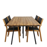 Jídelní stůl Chan - Černá ocel / Akácie (týkový vzhled) - 200 cm + Stohovací židle Venice - Teak / Černá textilní_4