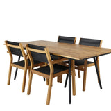 Jídelní stůl Chan - Černá ocel / Akácie (týkový vzhled) - 200 cm + Stohovací židle Venice - Teak / Černá textilní_4