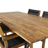 Jídelní stůl Chan - Černá ocel / Akácie (týkový vzhled) - 200 cm + Stohovací židle Venice - Teak / Černá textilní_4