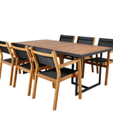Jídelní stůl Khung - černá ocel / akácie (teklook) - 200*100 cm + stohovací židle Venice - teak / černá textilne_6
