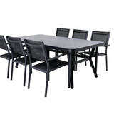 Jídelní stůl Virya - černý Alu / šedé sklo - velký stůl + stohovací židle Copacabana - Black/Black_6