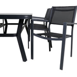 Jídelní stůl Virya - černý Alu / šedé sklo - velký stůl + stohovací židle Copacabana - Black/Black_6