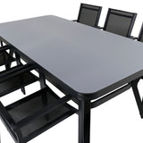 Jídelní stůl Virya - černý Alu / šedé sklo - velký stůl + stohovací židle Copacabana - Black/Black_6