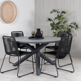 Parma - Stůl ø 140 - Black Alu / Grey Aintwood+Lindos Stohovací židle - Black Alu / Black Rope_4