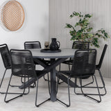 Parma - Stůl ø 140 - Black Alu / Grey Aintwood+Lindos Stohovací židle - Black Alu / Black Rope_6