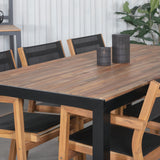 Bois Jídelní stůl 205*90cm - Černé nohy / Akácie + Stohovací židle Venice - Teak / Černá textilní_6