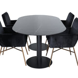 Pillan oválný jídelní stůl , černé černé sklo mramor + židle Petra , distressed měď černý samet_4