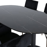 Pillan oválný jídelní stůl , černé černé sklo mramor + židle Petra , distressed měď černý samet_4