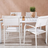 Togo - Jídelní stůl - Bílá / Teak - Allu / Teak - 150*100 + křeslo Santorini (stohovatelné) - Bílá Alu / Bílá textilie _4