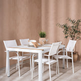 Togo - Jídelní stůl - Bílá / Teak - Allu / Teak - 150*100 + křeslo Santorini (stohovatelné) - Bílá Alu / Bílá textilie _4