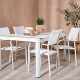 Togo - Jídelní stůl - Bílá / Teak - Allu / Teak - 150*100 + křeslo Santorini (stohovatelné) - Bílá Alu / Bílá textilie _4