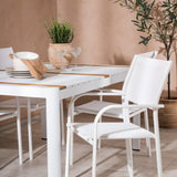 Togo - Jídelní stůl - Bílá / Teak - Allu / Teak - 150*100 + křeslo Santorini (stohovatelné) - Bílá Alu / Bílá textilie _4