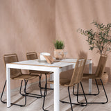 Togo - Jídelní stůl - Bílá / Teak - Allu / Teak - 150*100 _1+ Lindos Stohovací židle - Černá Alu / Latte Latte _4