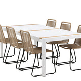 Togo - Jídelní stůl - Bílá / Teak - Allu / Teak - 200*100 _1+ Lindos Stohovací židle - Černá Alu / Latte Latte _6