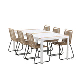 Togo - Jídelní stůl - Bílá / Teak - Allu / Teak - 200*100 _1+ Lindos Stohovací židle - Černá Alu / Latte Latte _6