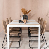Togo - Jídelní stůl - Bílá / Teak - Allu / Teak - 200*100 _1+ Lindos Stohovací židle - Černá Alu / Latte Latte _6