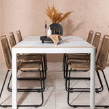 Togo - Jídelní stůl - Bílá / Teak - Allu / Teak - 200*100 _1+ Lindos Stohovací židle - Černá Alu / Latte Latte _6