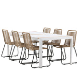 Togo - Jídelní stůl - Bílá / Teak - Allu / Teak - 200*100 _1+ Lindos Stohovací židle - Černá Alu / Latte Latte _6