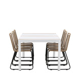 Togo - Jídelní stůl - Bílá / Teak - Allu / Teak - 200*100 _1+ Lindos Stohovací židle - Černá Alu / Latte Latte _6
