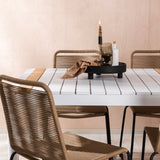 Togo - Jídelní stůl - Bílá / Teak - Allu / Teak - 200*100 _1+ Lindos Stohovací židle - Černá Alu / Latte Latte _6