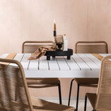 Togo - Jídelní stůl - Bílá / Teak - Allu / Teak - 200*100 _1+ Lindos Stohovací židle - Černá Alu / Latte Latte _6