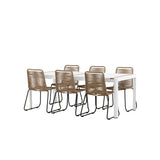 Togo - Jídelní stůl - Bílá / Teak - Allu / Teak - 200*100 _1+ Lindos Stohovací židle - Černá Alu / Latte Latte _6