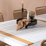 Togo - Jídelní stůl - Bílá / Teak - Allu / Teak - 200*100 _1+ Lindos Stohovací židle - Černá Alu / Latte Latte _6