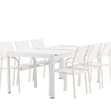 Togo - Jídelní stůl - Bílá / Teak - Allu / Teak - 200*100 + křeslo Santorini (stohovatelné) - Bílá Alu / Bílá textilie _6