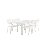 Togo - Jídelní stůl - Bílá / Teak - Allu / Teak - 200*100 + křeslo Santorini (stohovatelné) - Bílá Alu / Bílá textilie _6