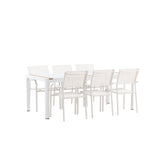 Togo - Jídelní stůl - Bílá / Teak - Allu / Teak - 200*100 + křeslo Santorini (stohovatelné) - Bílá Alu / Bílá textilie _6