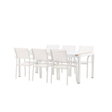 Togo - Jídelní stůl - Bílá / Teak - Allu / Teak - 200*100 + křeslo Santorini (stohovatelné) - Bílá Alu / Bílá textilie _6