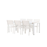 Togo - Jídelní stůl - Bílá / Teak - Allu / Teak - 200*100 + křeslo Santorini (stohovatelné) - Bílá Alu / Bílá textilie _6