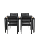 Togo - Jídelní stůl - Černá / Teak - Allu / Teak - 150*100 _1+ křeslo Santorini (stohovatelné) - Černá alu / Černá textilie _4