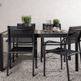 Togo - Jídelní stůl - Černá / Teak - Allu / Teak - 150*100 _1+ křeslo Santorini (stohovatelné) - Černá alu / Černá textilie _4