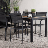 Togo - Jídelní stůl - Černá / Teak - Allu / Teak - 150*100 _1+ křeslo Santorini (stohovatelné) - Černá alu / Černá textilie _4