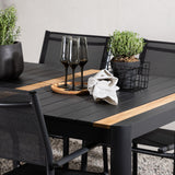 Togo - Jídelní stůl - Černá / Teak - Allu / Teak - 150*100 _1+ křeslo Santorini (stohovatelné) - Černá alu / Černá textilie _4
