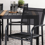 Togo - Jídelní stůl - Černá / Teak - Allu / Teak - 150*100 _1+ křeslo Santorini (stohovatelné) - Černá alu / Černá textilie _4