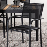 Togo - Jídelní stůl - Černá / Teak - Allu / Teak - 150*100 _1+ křeslo Santorini (stohovatelné) - Černá alu / Černá textilie _4