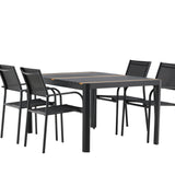 Togo - Jídelní stůl - Černá / Teak - Allu / Teak - 150*100 _1+ křeslo Santorini (stohovatelné) - Černá alu / Černá textilie _4