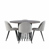 Kamenný kulatý jídelní stůl – černá / mocca dýha + sametová jídelní židle – světle šedá / černá _4