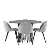 Kamenný kulatý jídelní stůl – černá / mocca dýha + sametová jídelní židle – světle šedá / černá _4