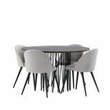 Kamenný kulatý jídelní stůl – černá / mocca dýha + sametová jídelní židle – světle šedá / černá _4