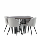 Kamenný kulatý jídelní stůl – černá / mocca dýha + sametová jídelní židle – světle šedá / černá _4