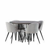 Kamenný kulatý jídelní stůl – černá / mocca dýha + sametová jídelní židle – světle šedá / černá _4