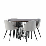 Kamenný kulatý jídelní stůl – černá / mocca dýha + sametová jídelní židle – světle šedá / černá _4