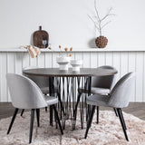 Kamenný kulatý jídelní stůl – černá / mocca dýha + sametová jídelní židle – světle šedá / černá _4